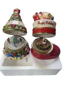 Vtg. Set of 5 Mr. Christmas Wind Up Rotating Musical Trinket Box Tree Ornaments - Picture 1 of 11