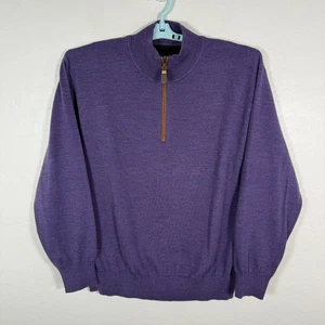 Orvis Sweater Mens XL Purple Merino Wool 1/4 Zip Pullover Leather Trim Casual - Picture 1 of 9