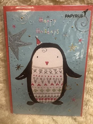 Papyrus Christmas Card Pre-2010 RARE HTF Turnowsky Penguin Glitter Stars - Image 1 of 4