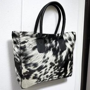 Black White Cowhide Leather Tote Bag Women’s Real Fur Handbag Shoulder Purse - Picture 1 of 5