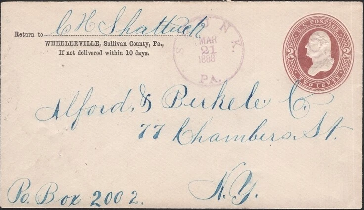 U.S., 1888. Cover U288 w/cert, Shunk, Pa - New York - Image 1 of 1