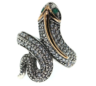 Anello argento 925 2 toni serpente zirconi  bianchi e Radice di smeraldo verde - Immagine 1 di 3