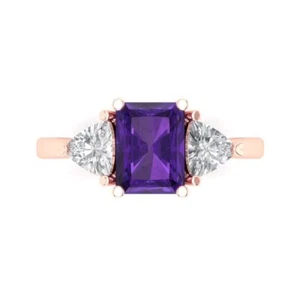 2.82Ct Emerald Cut Natural Amethyst Three Stone Engagement Ring, 14K Rose Gold - Picture 1 of 11