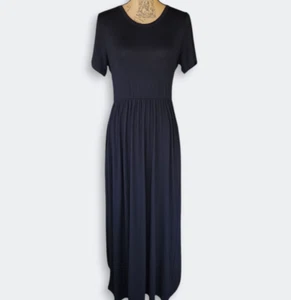 Black Jersey Knit Short Sleeve Maxi Dress Pockets Womens Medium M Tall Flowy - Picture 1 of 7