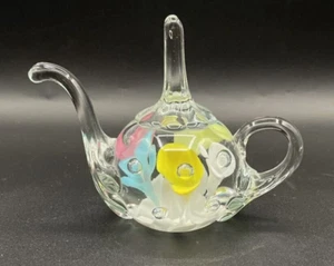 Joe St. Clair Flowered Yellow Pink Blue Teapot Ringholder Paperweight - Picture 1 of 20