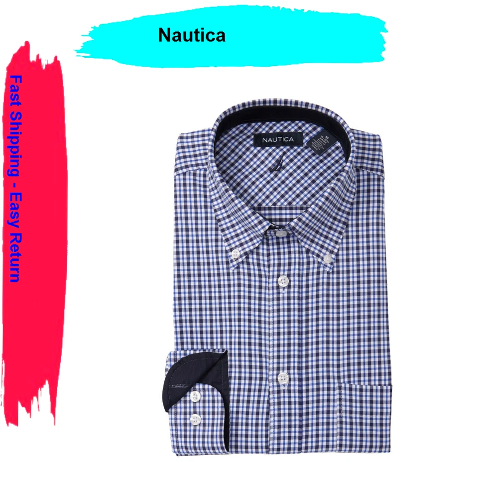 Nautica Men's Dress Shirt White Black & Blue Checkered Grid Pattern XXL Preppy