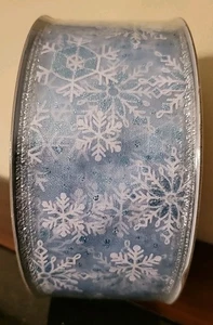 SWC Designer Wire Edge Christmas Ribbon 2.5" x 50 Yards Blue / White Snowflake - Picture 1 of 7