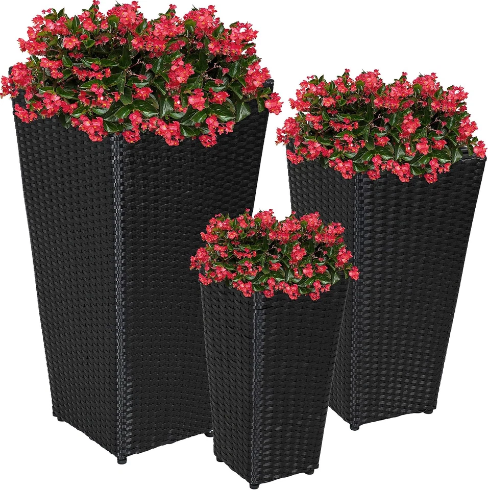 Juego de 3 jardineras cuadradas altas de mimbre - jardineras grandes de poliratán para exteriores - 9", 1 Foto 1 de 4