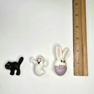 Vintage 1980s Hallmark Holiday Pins, Set of 3 , Halloween Easter Cat Ghost Bunny - Picture 1 of 17