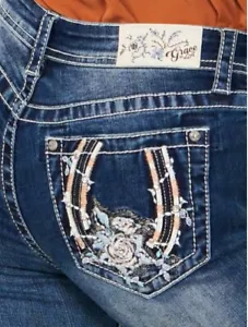 Grace in LA Women's Western Horseshoe Rose Embroidered Bootcut Stretch Jeans - Picture 1 of 3