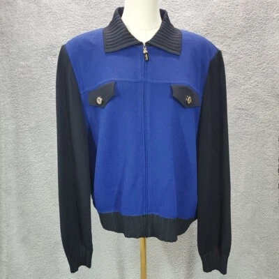 Cárdigan Blazer Chaqueta Cremallera Completa Colección St. John Grande Azul Negro Tejido Foto 1 de 4