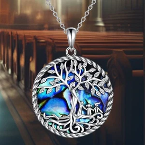 925 Sterling Silber Lebensbaum Halskette mit bunter Abalone Muschel - Bild 1 von 6