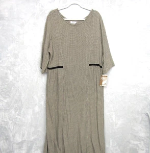 Mishi 100% Wearables Midi Dress Rayon Linen Short Sleeve Houndstooth Black Tan - Picture 1 of 11