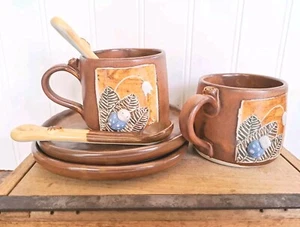TWO 3-piece Artist Signed Studio Pottery Cups, Saucers, Spoons W/ Derpy Blue Bug - Picture 1 of 11