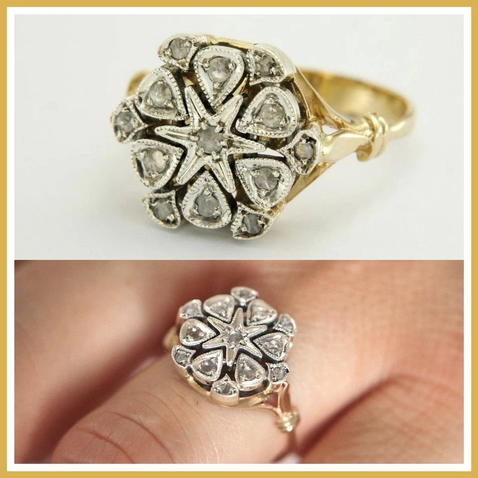 Bague en OR Jaune 14 Carats k et DIAMANT Style Ancienne 51 52 53 54 55 56 57 58  - Photo 1/4