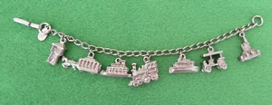 VINTAGE 1980'S DISNEY LAND CHILD'S NICKEL-PLATED CHARM BRACELET: CASTLE; TRAIN+ - Picture 1 of 9