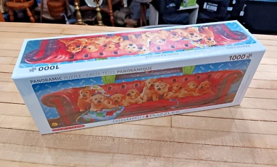 1000 Piece Golden Retriever Puzzle Panoramic 39x13in Puppy Couch Scene - Image 1 of 2