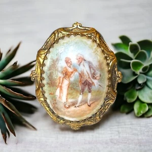 Antique Brooch Pin Ceramic Courting Couple Scene C Clasp - Picture 1 of 7