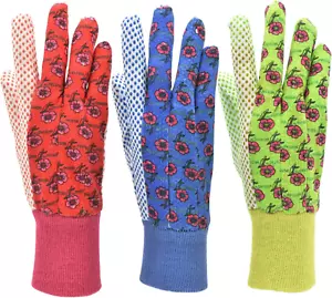1852-3 Women Soft Jersey Garden Gloves, Women Work Gloves, 3-Pairs Green/Red/Blu - Picture 1 of 12