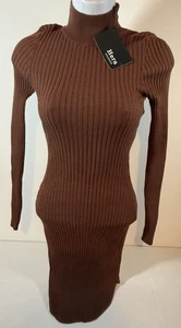 Hera Collection Turtleneck Dress Women’s Brown Sz M Heather Ribbed Knit Fitted - Picture 1 of 9