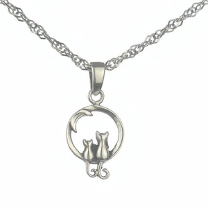 Massiver 925 Silber 2 Katzen Mondsichel Anhänger mit 20" Italien Kette, hochglanzpoliert - Bild 1 von 6