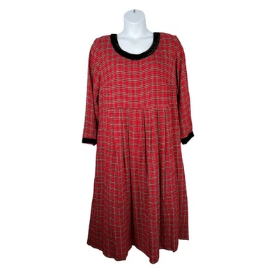 Vintage SL Fashions Dress 18W Red Tartan Plaid Black Velvet Trim Midi USA Made - Image 1 of 4