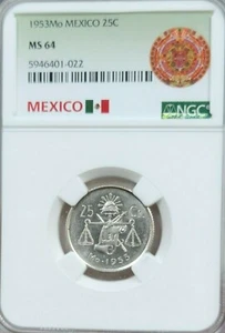 1953 MEXICO SILVER 25 CENTAVOS BALANCE SCALES NGC MS 64 PQ BRIGHT BU BEAUTY - Picture 1 of 5