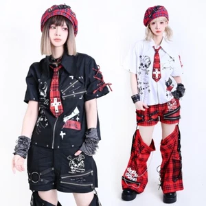 Visual emo Punk Preppy sinner echo short sleeved zippered shirt w/ tie JJ2533 - Picture 1 of 12