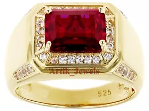 Lab Created Ruby & CZ Gemstone With 14K Gold Plated Silver Ring for Men's #456 - Picture 1 of 12