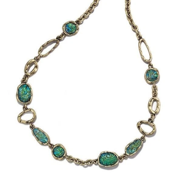 AVON Underwater Paradise Long Necklace Faux Abalone Set in Textured Brass 32" L