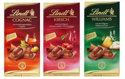 3 x 100g Lindt Chocolate Bar Cognac,Cherry Brandy and Williams pear Brandy NEW  - Image 1 of 2