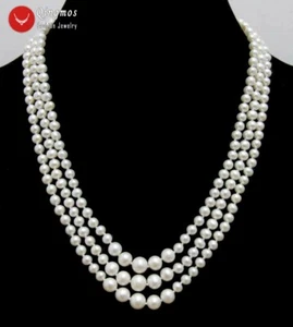 5-7mm AA Round White Natural Freshwater Pearl Necklace for Women 3 Strands 17'' - Picture 1 of 7