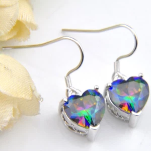 2025 Romantic Love Heart Rainbow Mystic Topaz Gemstone Silver Dangle Earrings - Picture 1 of 7