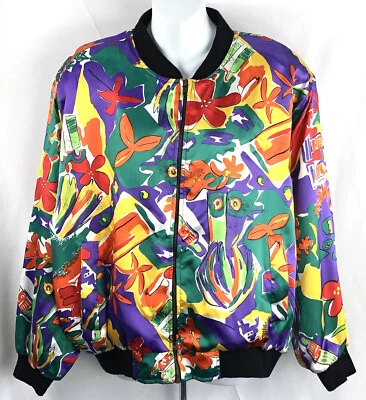 Chaqueta Bomber Satén Vintage L Retro Colorida Arte Abstracto Bolsillos con Cremallera Años 80 90 Foto 1 de 4