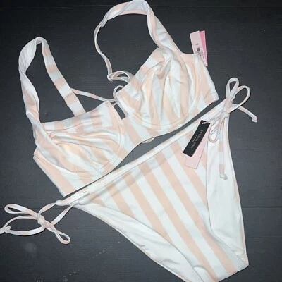 Victoria's Secret 36D BIKINI L Corbata Lateral Parte Inferior ROSA BLANCO Rayas COBERTURA COMPLETA Foto 1 de 3