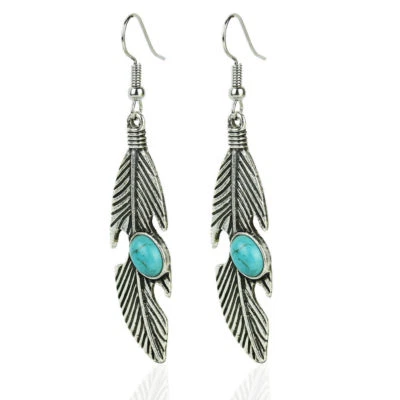 可爱全新藏银绿松石石装饰羽毛吊坠耳环 ~ — 第 1/4 张图片