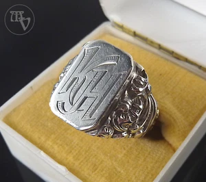 Anillo de sello antiguo Art Deco monograma iniciales KH / HK 835 plata talla 61 - Imagen 1 de 11