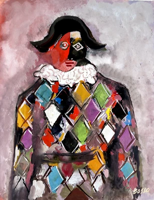 Gouache portrait Arlequin Pierre BOSCO théatre Commedia dell'arte Italie 1960 - Photo 1/4
