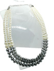 Triple strand Grey & White Pearls Choker Necklace  37cm (528G)