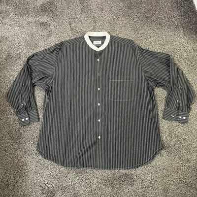 Brioni Band Collar Long Sleeve Button Up Shirt Men’s XXL Black White Striped - Image 1 of 4