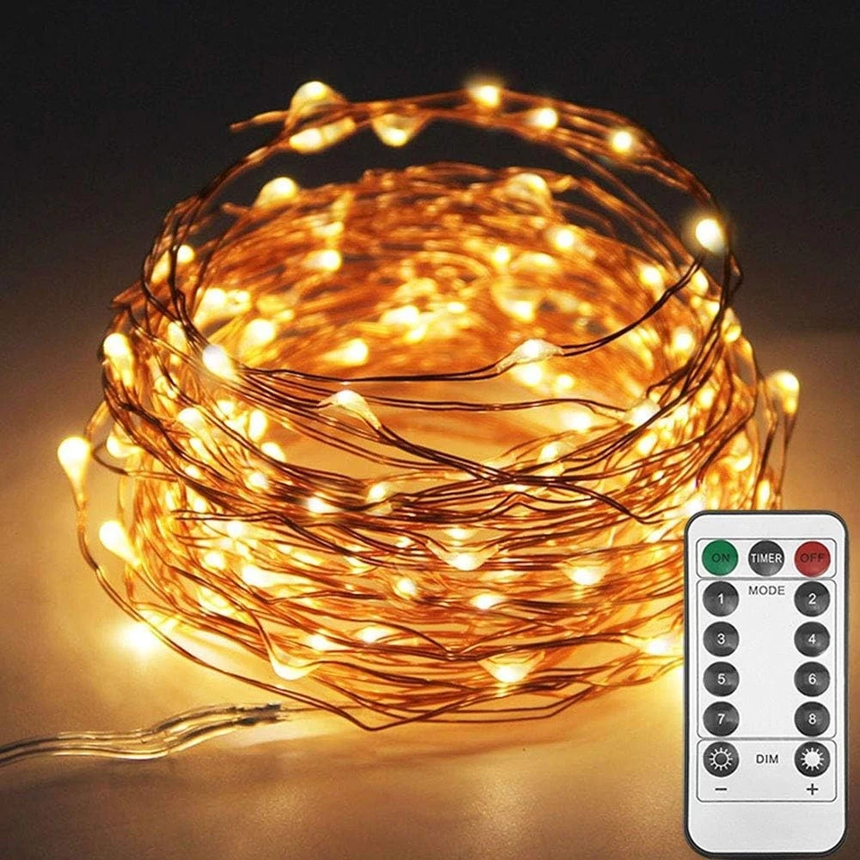 33ft LED Copper Wire String Lights Fairy Light 8 Modes USB With Remote Control