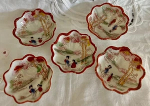 5 Vintage Kutani Japan Hand Painted Geisha Girls Footed Dip Bowls - Picture 1 of 6