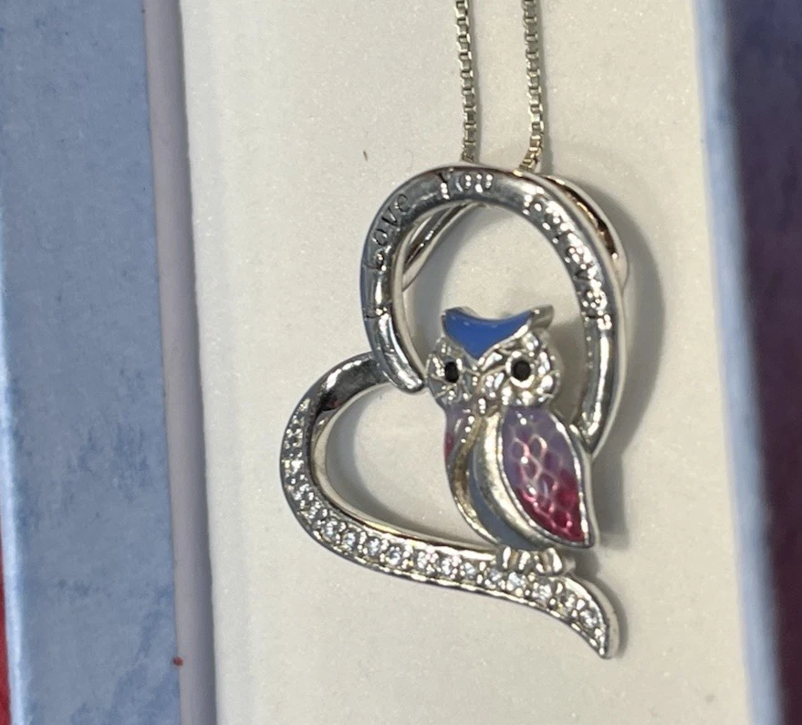 Винтажный серебро S925 цветной сова в сердце "я люблю тебя навсегда", CZs ожерелье - Изображение 1 из 4