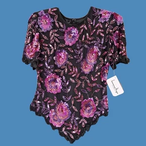 Vintage Laurence Kazar Silk Blouse Women’s S Beaded Sequin Floral Magenta NWT - Picture 1 of 13