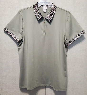 Camisa Polo Chico's Zenergy Verde Estampado Animal Borde Cuarto Cremallera Talla 2 Grande Foto 1 de 4