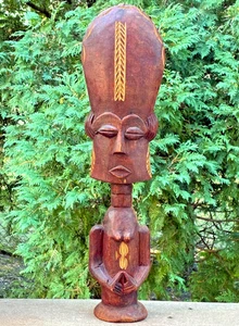 Ghana Folk Art African Hand Carved Wooden Sculpture Statue 18.5" Vintage - Picture 1 of 6