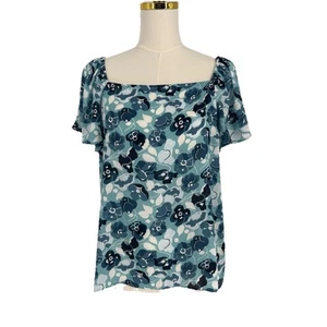 Ann Taylors Womens Crepe Top M Blue Floral Flutter Sleeves Lightweight Classic - Picture 1 of 9