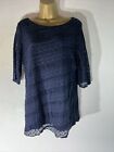 Womens Per Una M&S Size Uk 16 Navy Blue 3/4 Sleeve Lace Overlay Casual Blouse