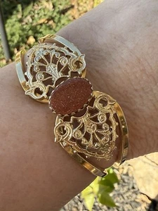 Vintage Filigree Gold tone Clamper Bracelet With Center Goldstone Gorgeous! - Picture 1 of 8