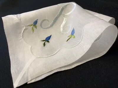 #7139🌟Vintage 40s Shiny BLUE SATIN Monogram “R” Floral Handkerchief🎁Great Gift - Image 1 of 4